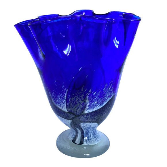 Mduca Cobalt Blue Art Glass Handkerchief Ruffle Edge Hand Blown Vase 10in Tall - Picture 3 of 12